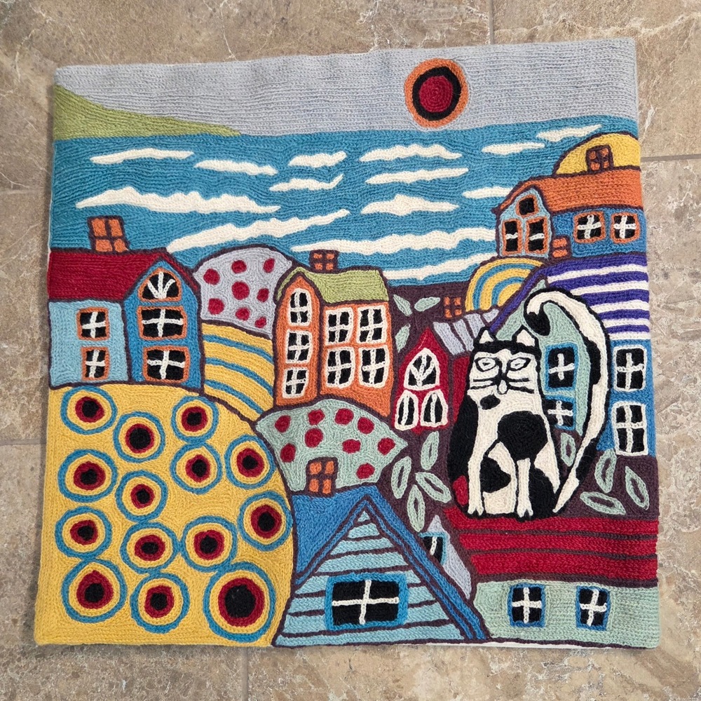 Kashmir Designs‎ Seaside Cat Embroidered Pillow Cover Whimsical Folk Art